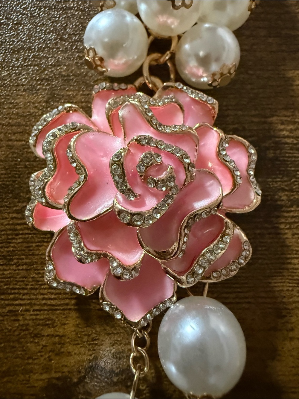 Pink Rose Faux Pearl Rhinestone Gold Tone Purse Charm Keychain - Picture 4 of 5